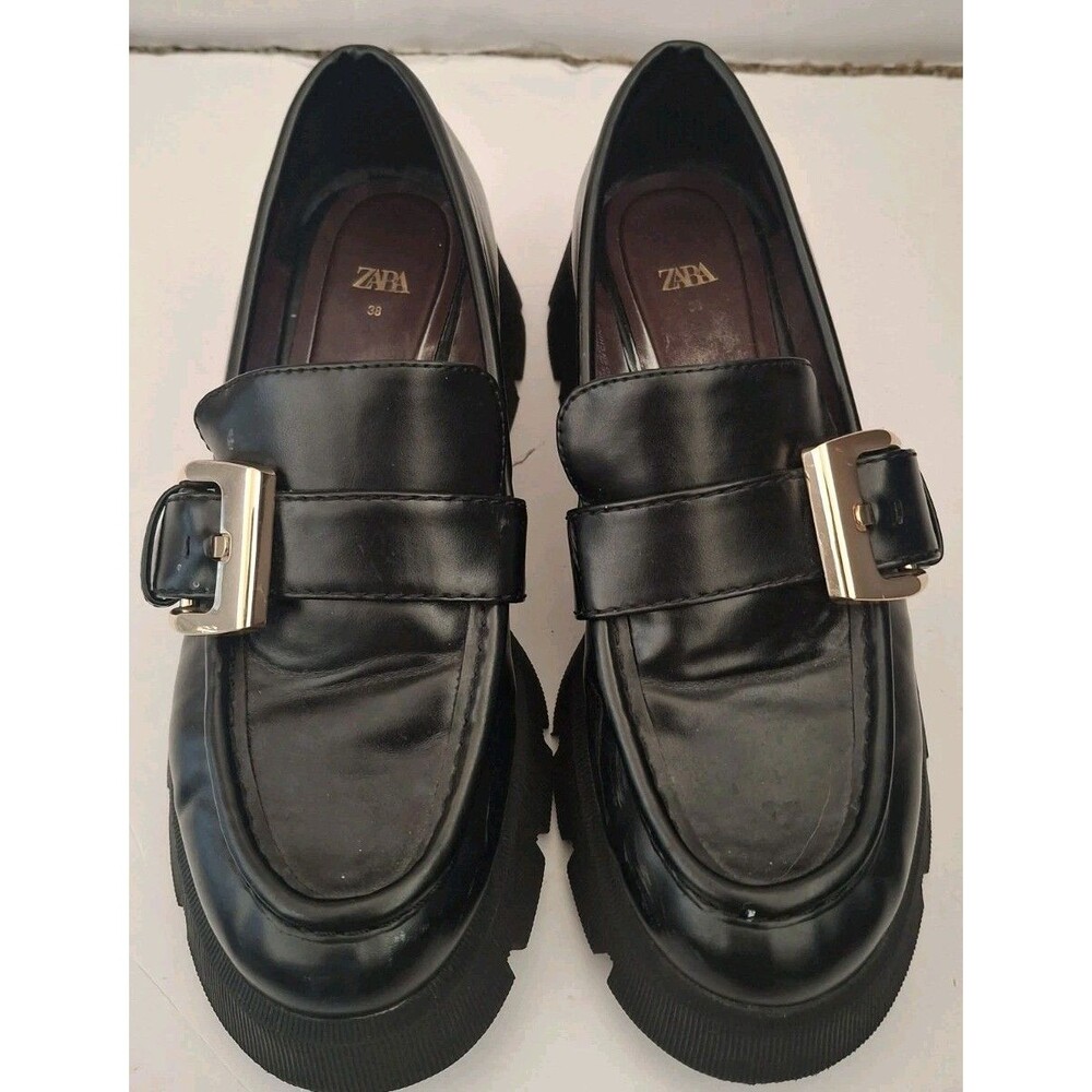 ZARA Black Chunky Lug Sole Loafer Grunge Goth Gold Buckle Sz 7.5 Dark Academia